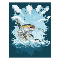 Dynamic tuna leaps, hunting a ballyhoo in an explosive ocean scene. vector