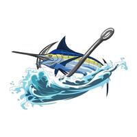 Dynamic marlin fish jumping from a wave with a large fishing hook. vector