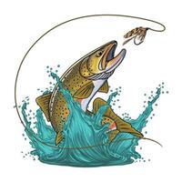 A striking image of a spotted fish breaking the water's surface, poised to strike a fishing lure. vector