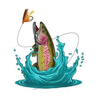 A detailed illustration capturing the precise moment a fish aggressively attacks a fishing fly. vector