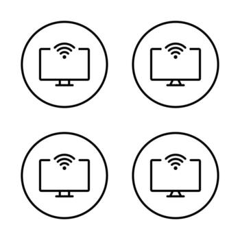 Computer monitor with wifi icon set. Wireless internet connection symbol inside circular outline vector