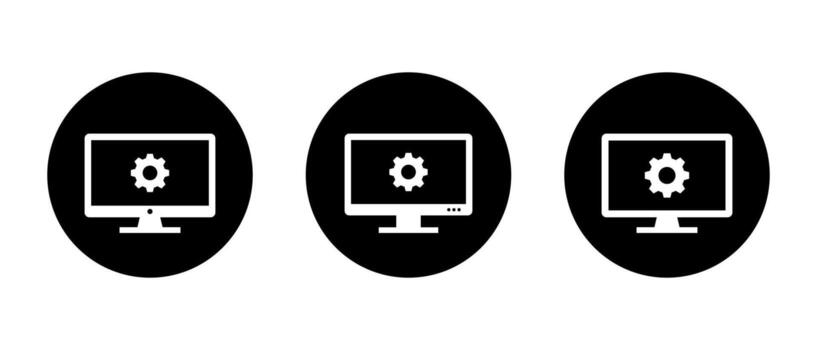 Desktop monitor icon with gear symbol. Computer settings and system configuration concept in black circle vector