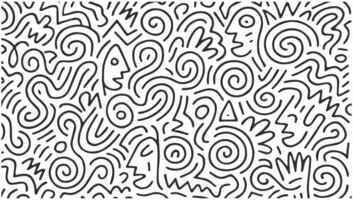 Abstract black line doodle pattern with faces and spirals on white background, isolated on transparent background, vector