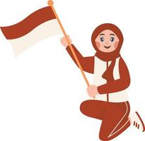 Hijab Girl Holding Indonesian Flag in Cartoon Design. vector