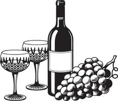 Wine Bottle Glasses and Grapes Line Art vector