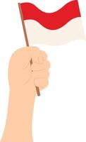 Hand Holding Indonesian Flag Illustration in Flat Cartoon Design. Isolated on White Background. vector