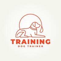 minimalist dog with collar and leash line art icon logo illustration design. simple modern dog trainer or dog sitter logo concept vector