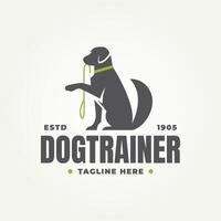 minimalist dog sitting being trained silhouette icon logo illustration design. simple modern dog trainer or dog sitter emblem logo concept vector