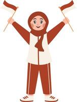 Hijab Girl Holding Indonesian Flag in Cartoon Concept. Isolated on a White Background vector