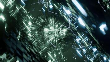 A geometric luminous sphere surrounded by platforms and lights in an abstract technological environment. loop seamless synchronized at 120 bmp video