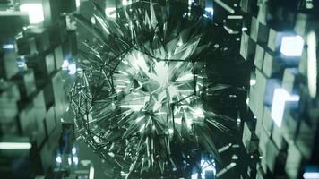 A geometric luminous sphere surrounded by platforms and lights in an abstract technological environment. loop seamless synchronized at 120 bmp video
