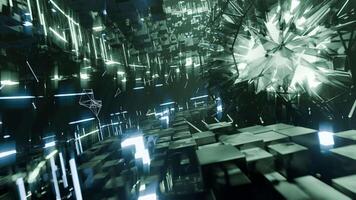 A geometric luminous sphere surrounded by platforms and lights in an abstract technological environment. loop seamless synchronized at 120 bmp video