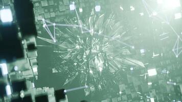 A geometric luminous sphere surrounded by platforms and lights in an abstract technological environment. loop seamless synchronized at 120 bmp video