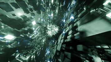 A geometric luminous sphere surrounded by platforms and lights in an abstract technological environment. loop seamless synchronized at 120 bmp video
