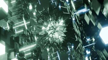 A geometric luminous sphere surrounded by platforms and lights in an abstract technological environment. loop seamless synchronized at 120 bmp video
