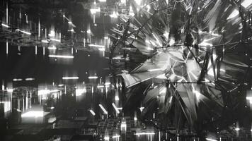 A geometric luminous sphere surrounded by platforms and lights in an abstract technological environment. loop seamless synchronized at 120 bmp video