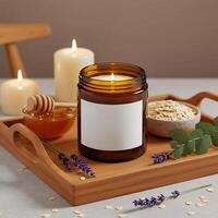 Lavender candle with natural ingredients on tray photo