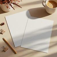 A4 Paper Mockup with Coffee Cup and Stationery photo