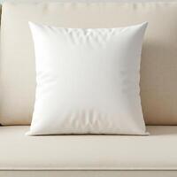Blank White Square Pillow Mockup on Beige Sofa photo