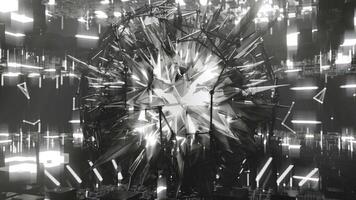 A geometric luminous sphere surrounded by platforms and lights in an abstract technological environment. loop seamless synchronized at 120 bmp video