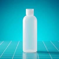 Translucent Plastic Bottle Mockup on Blue Tiled Background photo