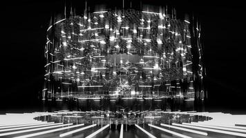 en geometrisk lysande sfär omgiven förbi plattformar och lampor i ett abstrakt teknologisk miljö. slinga sömlös synkroniserad på 120 bmp video