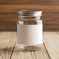 Glass Mason Jar Mockup with Blank Label on Rustic Wooden Background photo
