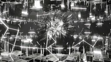 A geometric luminous sphere surrounded by platforms and lights in an abstract technological environment. loop seamless synchronized at 120 bmp video
