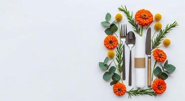Elegant Botanical Table Setting with Orange Zinnias, Eucalyptus, and Modern Flatware on White Background photo
