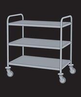 a three tier metal cart with wheels on a black background. vector