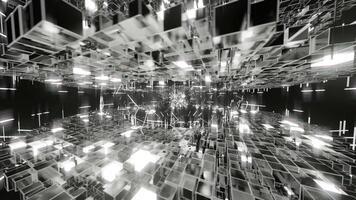 A geometric luminous sphere surrounded by platforms and lights in an abstract technological environment. loop seamless synchronized at 120 bmp video