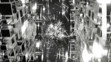 A geometric luminous sphere surrounded by platforms and lights in an abstract technological environment. loop seamless synchronized at 120 bmp video