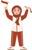 Hijab Girl Holding Indonesian Flag with Cartoon Design. Isolated on a White Background vector