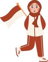 Hijab Girl Holding Indonesian Flag with Cartoon Style. Isolated on a White Background. vector