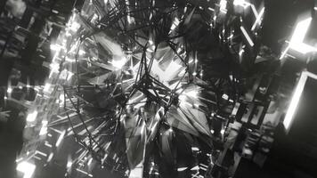 A geometric luminous sphere surrounded by platforms and lights in an abstract technological environment. loop seamless synchronized at 120 bmp video