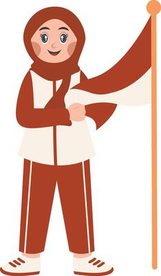 Hijab Girl Holding Indonesian Flag in Cartoon Design. Isolated on a White Background