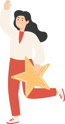 Woman Giving Star Feedback with Cartoon Concept. Isolated on White Background.