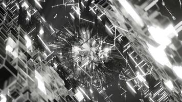 A geometric luminous sphere surrounded by platforms and lights in an abstract technological environment. loop seamless synchronized at 120 bmp video