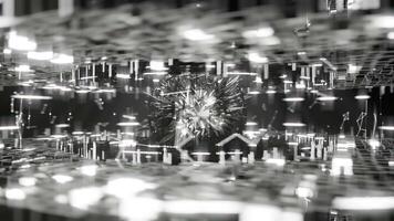 A geometric luminous sphere surrounded by platforms and lights in an abstract technological environment. loop seamless synchronized at 120 bmp video