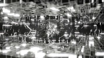 A geometric luminous sphere surrounded by platforms and lights in an abstract technological environment. loop seamless synchronized at 120 bmp video