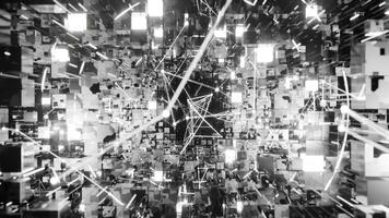 A geometric luminous sphere surrounded by platforms and lights in an abstract technological environment. loop seamless synchronized at 120 bmp video