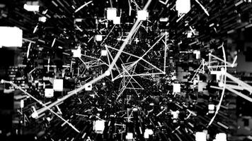 A geometric luminous sphere surrounded by platforms and lights in an abstract technological environment. loop seamless synchronized at 120 bmp video