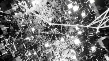 A geometric luminous sphere surrounded by platforms and lights in an abstract technological environment. loop seamless synchronized at 120 bmp video