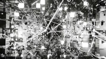 A geometric luminous sphere surrounded by platforms and lights in an abstract technological environment. loop seamless synchronized at 120 bmp video