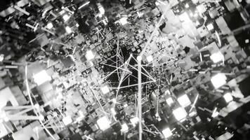 A geometric luminous sphere surrounded by platforms and lights in an abstract technological environment. loop seamless synchronized at 120 bmp video