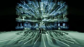 A geometric luminous sphere surrounded by platforms and lights in an abstract technological environment. video