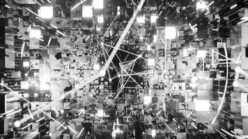 A geometric luminous sphere surrounded by platforms and lights in an abstract technological environment. loop seamless synchronized at 120 bmp video