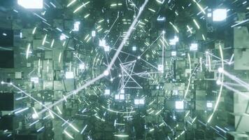 A geometric luminous sphere surrounded by platforms and lights in an abstract technological environment. loop seamless synchronized at 120 bmp video
