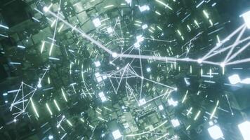 A geometric luminous sphere surrounded by platforms and lights in an abstract technological environment. loop seamless synchronized at 120 bmp video