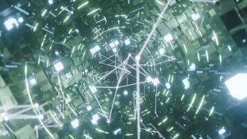 A geometric luminous sphere surrounded by platforms and lights in an abstract technological environment. loop seamless synchronized at 120 bmp video